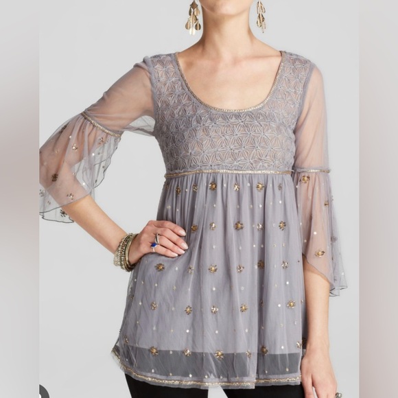 Free People Gray Sheer Top with Gold Details - Picture 1 of 7